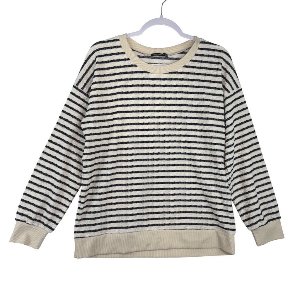Staccato Women Textured Striped Pullover Sweater Cream Black Crew Neck Casual L